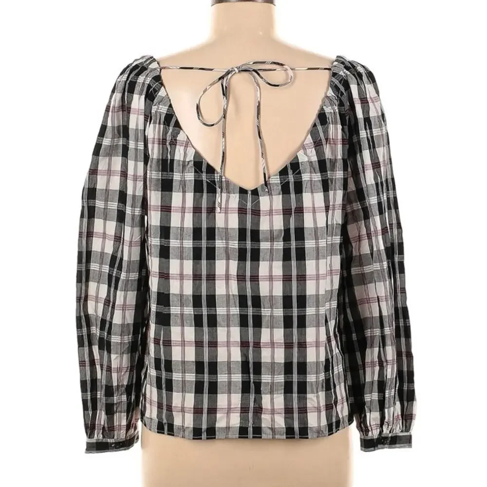 J.Crew Black, Red, White Plaid, Tie-Back, Long Sleeve Blouse Size Medium
